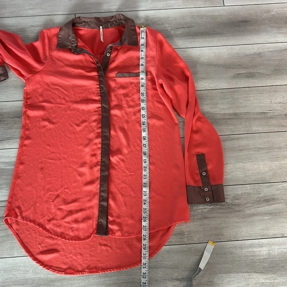 Free People coral brown sheer button up blouse shirt top size small